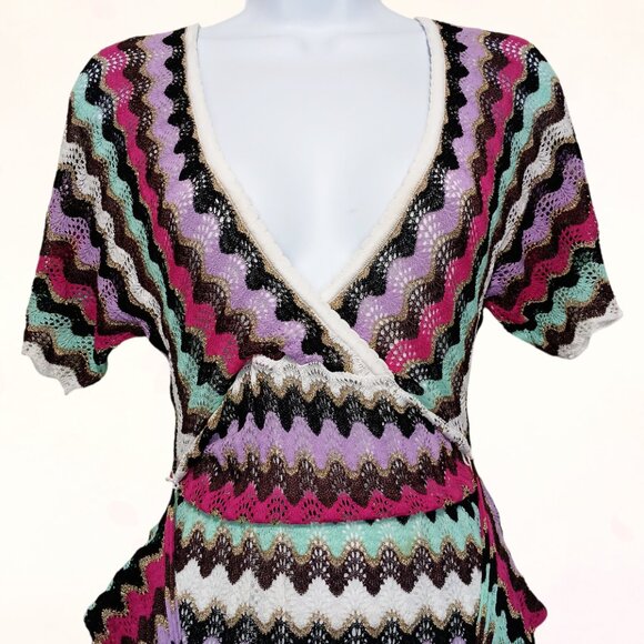 Guess Vintage Zig Zag Stretchy Metallic Gold Knit Fabric Belt Mini Dress Size S - Picture 3 of 16